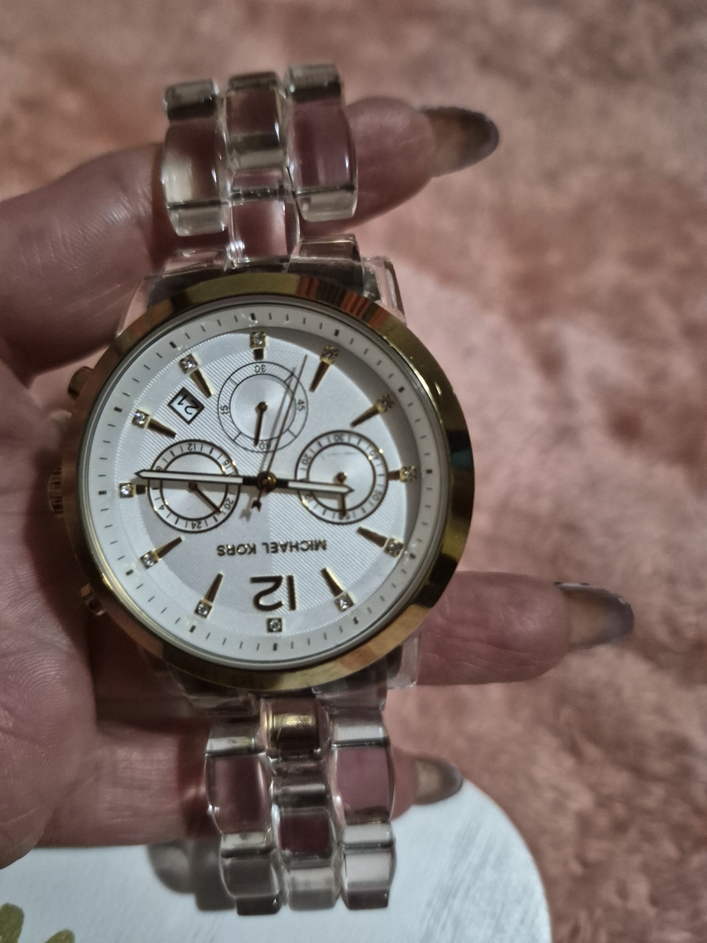 Michael Kors Clear Acrylic and Gold Tone Chronograph Watch - White Dial - Picture 2 of 10